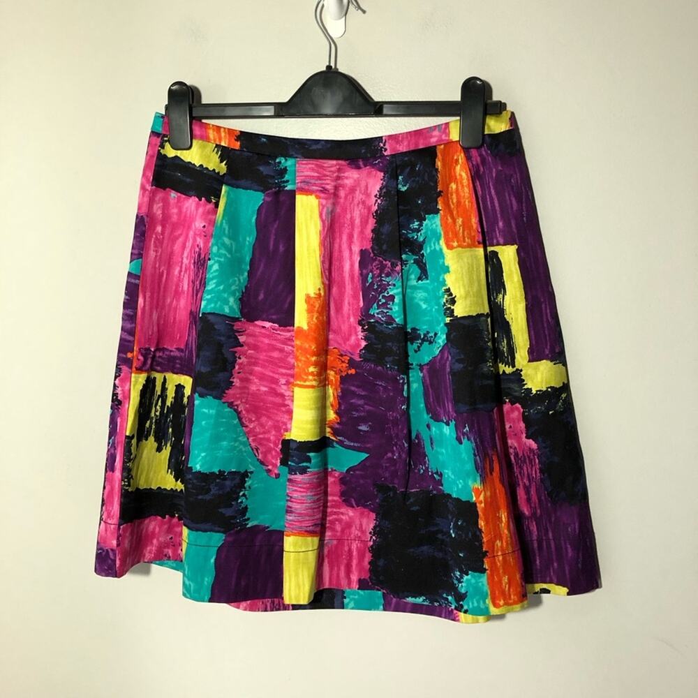 Trina Turk womens 8 pleated knee length abstract art skirt silk cotton colorful